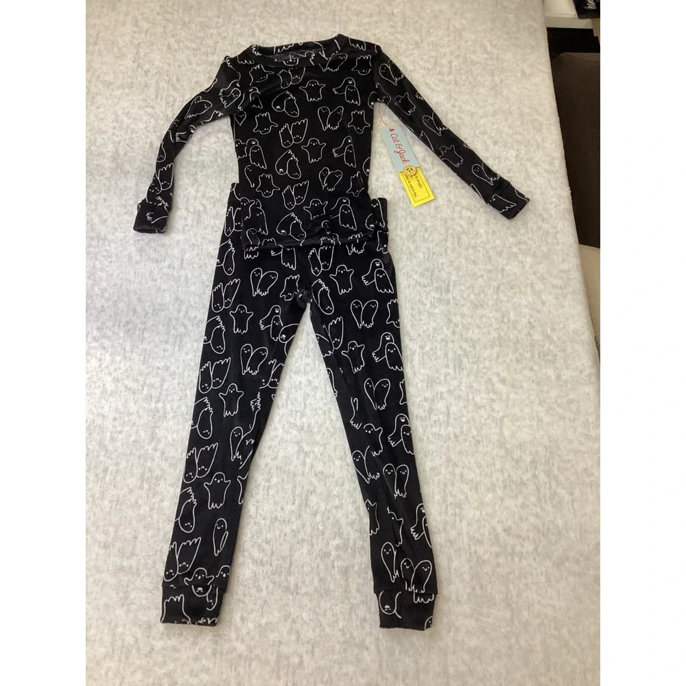 Cat & Jack Kids Black White Ghost Print Pajama Set 2pc Size 4 Halloween Snug Fit